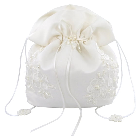 ENCHANTED BRIDE Beautiful Satin Bridal Wedding Money Bag (#E1D4DBiv) with Pearl-Embellished Floral Lace for Dollar Dance, Bridal Purse & Other Special Occasions