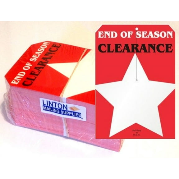 "END OF SEASON CLEARANCE" Large Merchandise Tag w 3.25" Slit, 5" x 7" Cardstock 12 Pt., Red and Black w White Star, 2 Clip Corners - Pack of 250 Tags