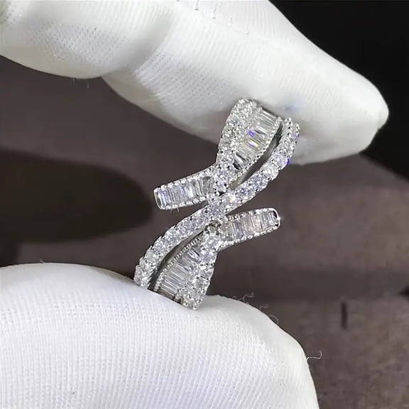 ENDLESSNESS & ETERNITY Interwined Crossover Bridal Ring 14K White Gold Plated Wedding Band Stacking Engagement Promise Ring