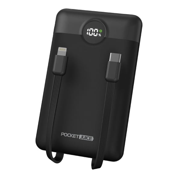 Pocket Juice Force 10,000mAh Portable Charger Power Bank Slim Portable Phone Charger with Built-in USB-C & Lightning Cables