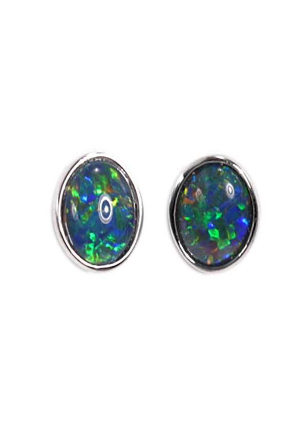 ENDURING LOVE 14KT WHITE GOLD GENUINE AUSTRALIAN BLACK OPAL STUD EARRINGS