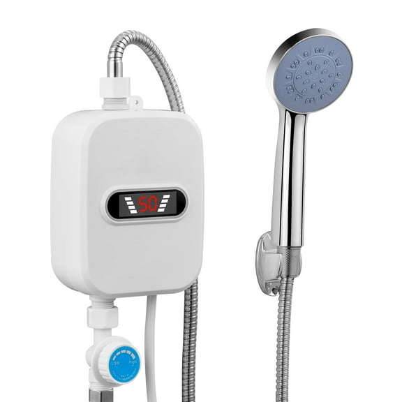 ENERFACE 3500W Electric Tankless Water Heater Shower Head Set with LCD Display, Instant Hot Water for Home Use, White