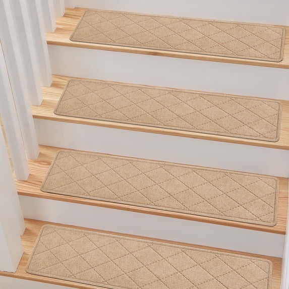 ENERFACE Non-Slip Carpet Stair Treads for Wooden Steps – 8" x 30" Reusable Adhesive Stair Rugs for Kids, Seniors & Pets, Indoor Polyester Surface with TPR Backing, Khaki