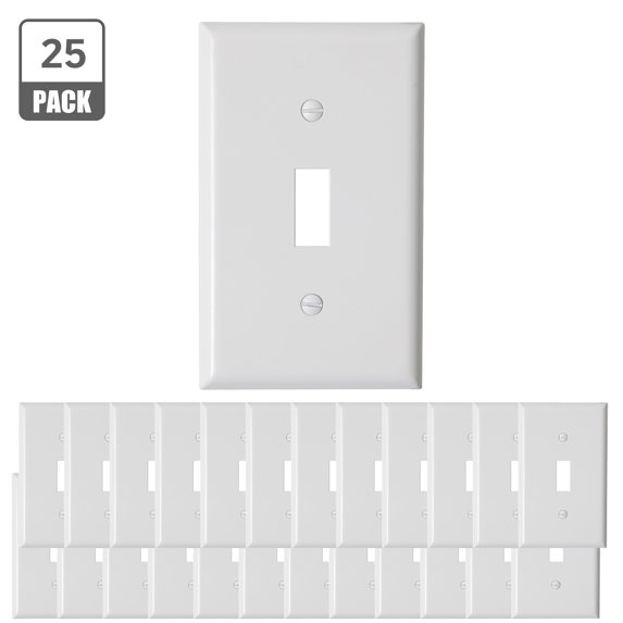 ENERGETIC 25 Pack Decorator Toggle Light Switch Plastic Wall Plate, Standard Size 1-Gang Multi-pack Outlet Covers, White Nylon