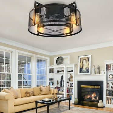 ENERGETIC 16" Caged Ceiling Fans with Lights Remote Control, 6 Speeds Adjustable Timing, DC Motor, Black Enclosed Industrial Flush Mount Ceiling Fan for Bedroom/Living Room,4 Lights Bulb Base