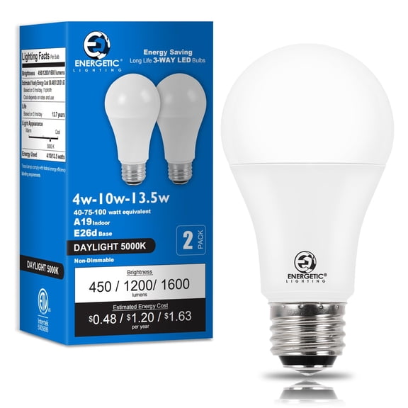 ENERGETIC 40/75/100W 3-Way A19 LED Light Bulb, 450/1200/1600Lumens, 5000K Daylight Light Bulb, E26 Base, ETL Listed, 2 Pack
