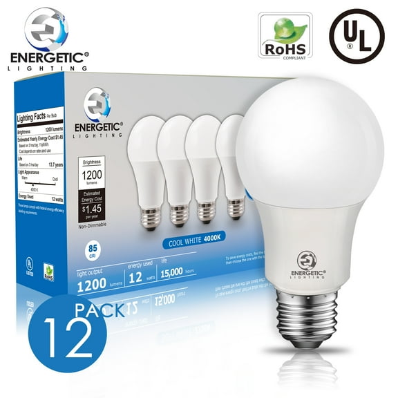 ENERGETIC A19 LED Light Bulb, 12Watts(75W Equivalent), 4000K Cool White, 1200lm, UL Listed, E26 Base, 12-Pack