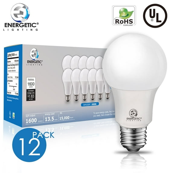 ENERGETIC A19 LED Light Bulb, Dimmable, 13.5 Watts(100W Equivalent), 1600 Lumens, Super Bright, Daylight 5000K, E26 Base, UL Listed, 12 Pack
