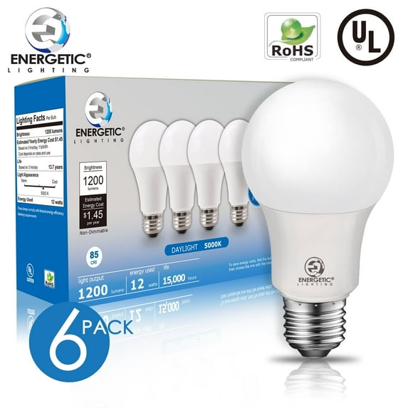 ENERGETIC Dimmable A19 LED Light Bulb, 12.5 Watts(100W Equivalent), 1500 High Lumens, Super Bright, Daylight 5000K, E26 Base, UL Listed, 6 Pack