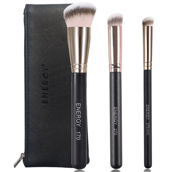 ENERGY Kabuki Foundation Brush Set 3Pcs for Liquid Makeup & Setting Powder with PU Pouch