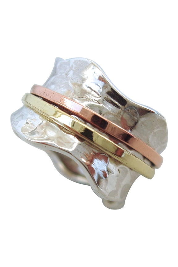 925 Sterling Silver BREEZE Classic Hammered Pattern Brass and Copper Spinners Meditation Spinner Ring(Style 797) (7)