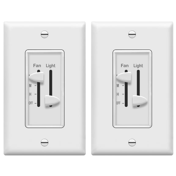 ENERLITES 3 Speed Ceiling Fan Control and Dimmer Light Switch, 2.5A Single Pole Light Fan Switch, 300W Incandescent Load, No Neutral Wire Required, 17001-F3-W, White, 2 Pack