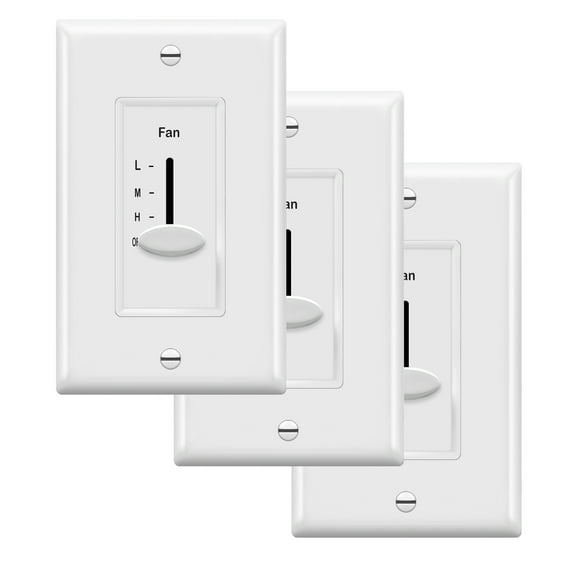 ENERLITES 3 Speed In Wall Ceiling Fan Control, Slide switch, 120VAC, 2.5A, Single-Pole, Neutral Wire Required, 17000-F3-W-F , White, 3 Pack