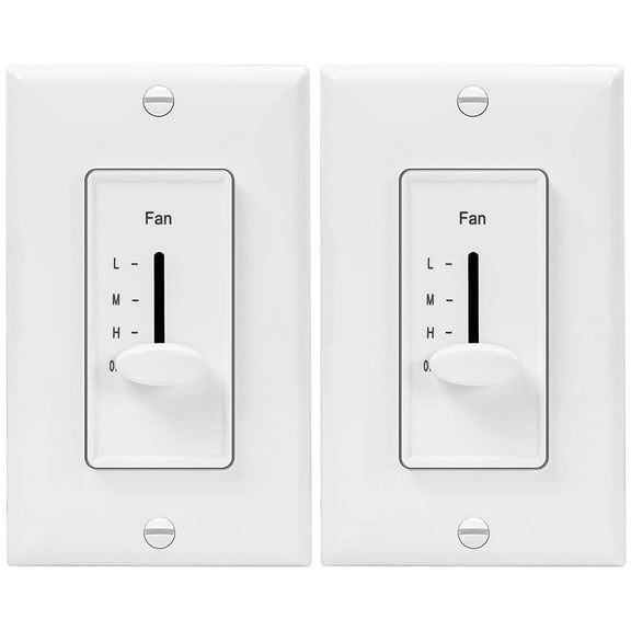 ENERLITES 3 Speed in Wall Ceiling Fan Control, Slide Switch, 120VAC, 2.5A, Single-Pole, Neutral Wire NOT Required, 17000-F3-W2P, White, 2 Pack