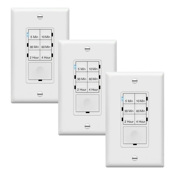 ENERLITES 4-Hour Countdown Timer Switch, 5-10-30-60 Min, 2-4 Hour, For Bathroom Fans, Heaters, Lights, LED Indicator, 120VAC 800W, No Neutral Wire Required, UL Listed, HET06-J-W, White, 3 Pack