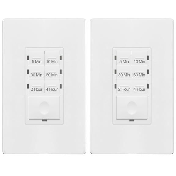ENERLITES 4-Hour No Neutral Wire Countdown Timer Switch, 5-10-30-60 Min, 2-4 Hour, for Bathroom Fans, Heaters, Lights, LED Indicator, 120VAC 800W, UL Listed, HET06-J-W-2PCS, White, 2 Pack