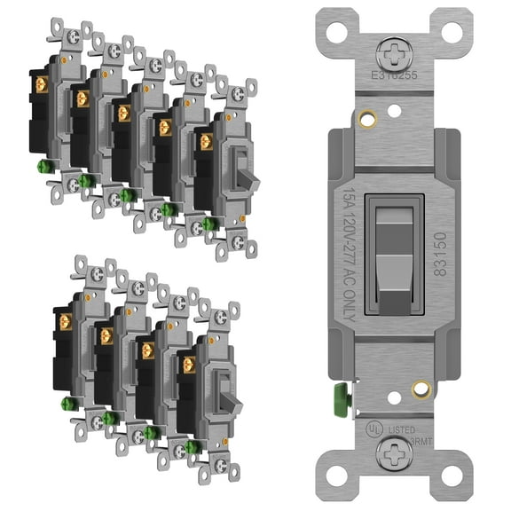 ENERLITES 83150-GR-10PCS Toggle Light Switch, 3-Way or Single Pole, 15A 120-277V, Grounding Screw, Residential Grade, UL Listed, 83150-GY-10PCS, Gray (10 Pack), 10 Count