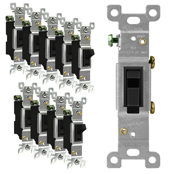 ENERLITES 88115-BK-10PCS Toggle Light Switch, Single Pole, 15A 120-277V, Grounding Screw, Residential Grade, UL Listed, 88115-BK10P, 10 Count, Black