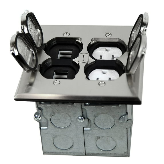 ENERLITES 975549-S-D Floor Box Kit, 2 Gang 20A Tamper / Weather Resistant Duplex Receptacle / Datacom Ports, UL Listed - Nickel Plated Brass