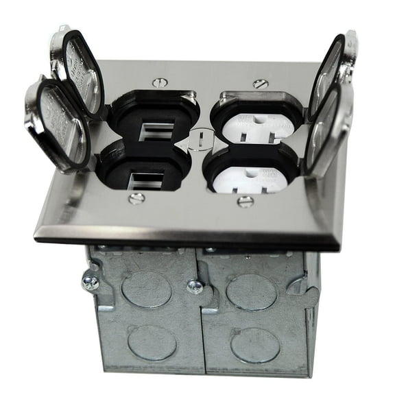 ENERLITES 975549-S-D Floor Box Kit, 2 Gang 20A Tamper / Weather Resistant Duplex Receptacle / Datacom Ports, UL Listed - Nickel Plated Brass