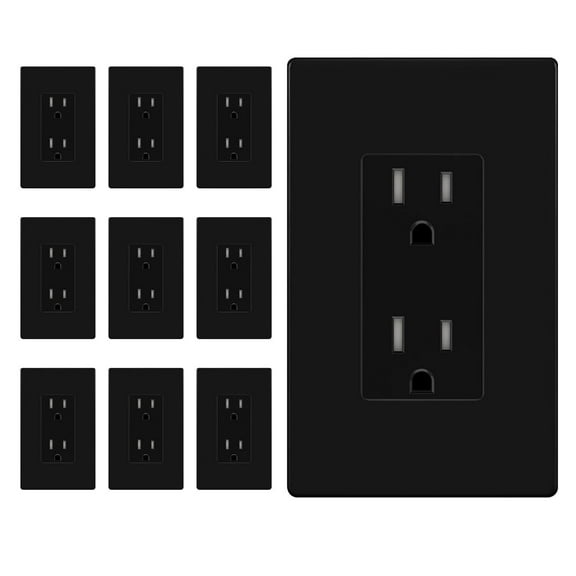 ENERLITES Black Decorator Receptacle with Screwless Wall Plate, Residential Grade Wall Outlet, 15A 125V, Self-Grounding, 2-Pole, 3-Wire, 5-15R, Non Tamper Resistant,UL Listed, 61502-BKSID, 10 Pack