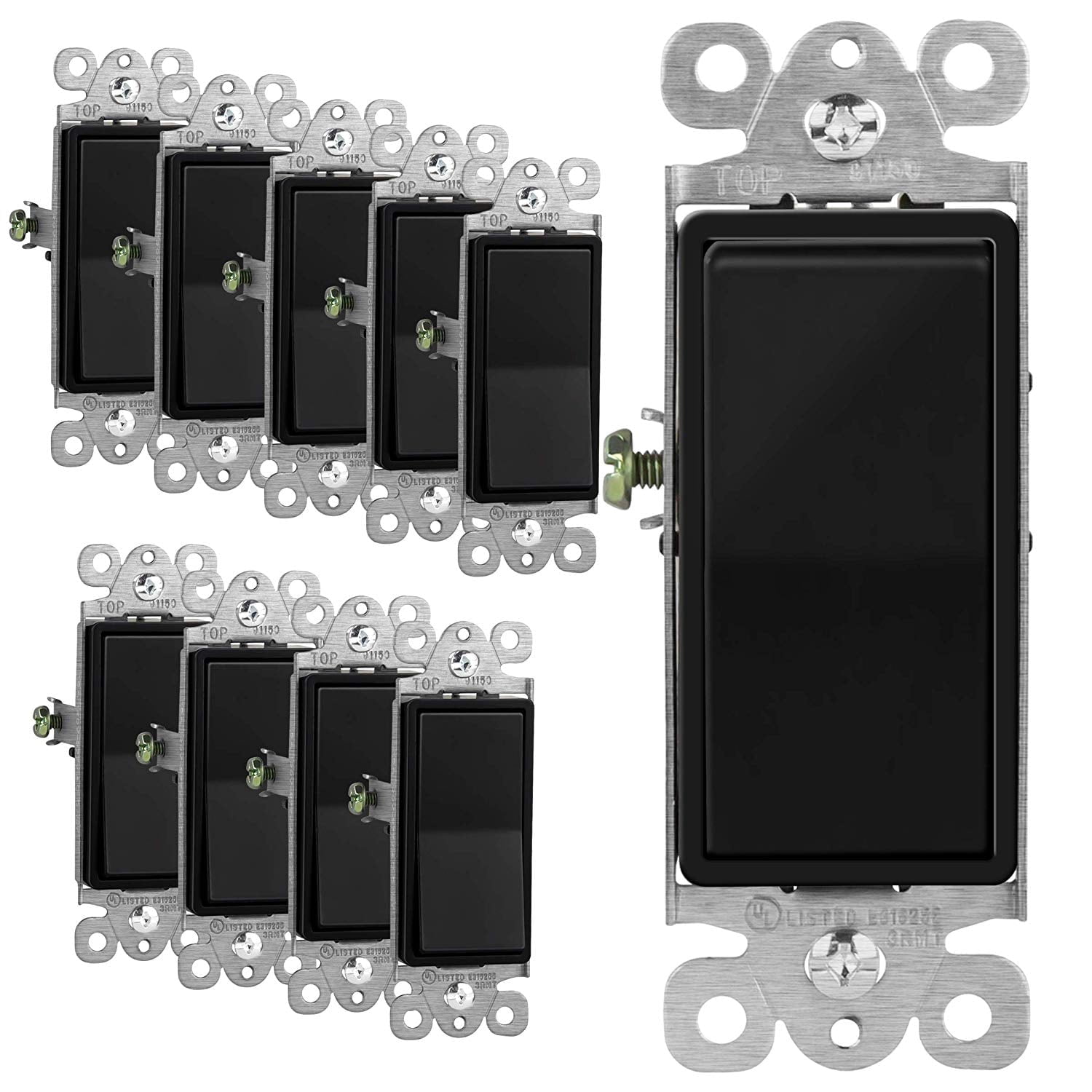 ENERLITES Black Decorator Paddle Rocker Light Switch - 15A, Single Pole, Gloss Finish, Easy Install