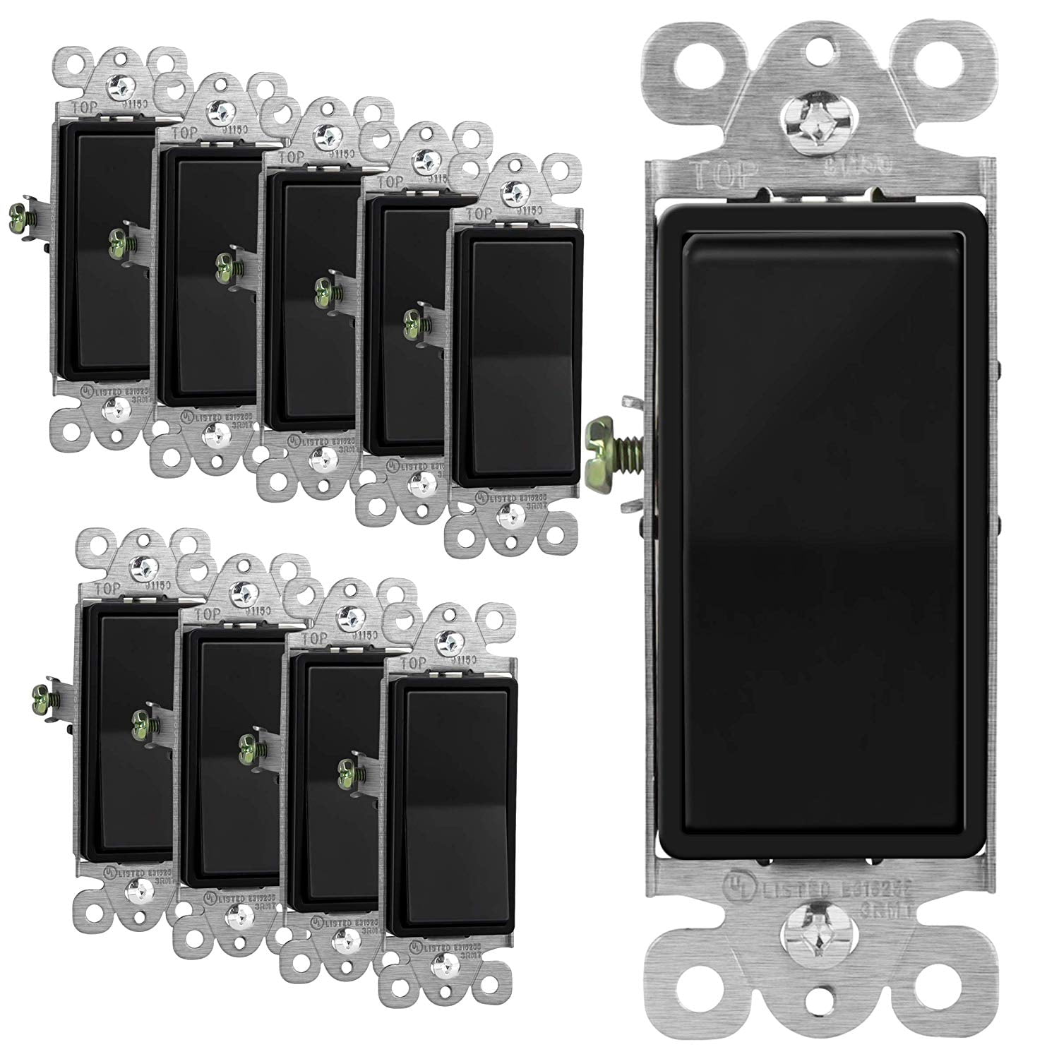 Black Gloss Finish Decorator Rocker Light Switch, Single Pole, 10 Pack