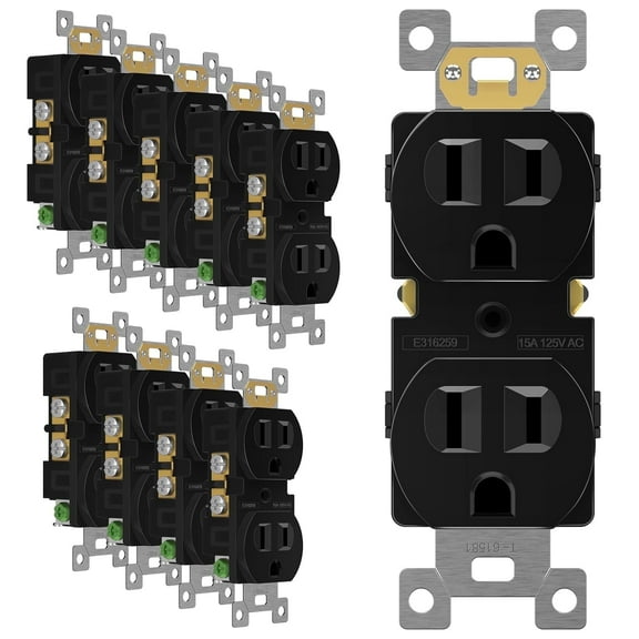 ENERLITES Child Safe Duplex Receptacle Outlet, Residential Grade, 3-Wire, Self-Grounding, 2-Pole, 15A 125V, UL Listed, 10 Packs,61581-BK-10PCS, Black