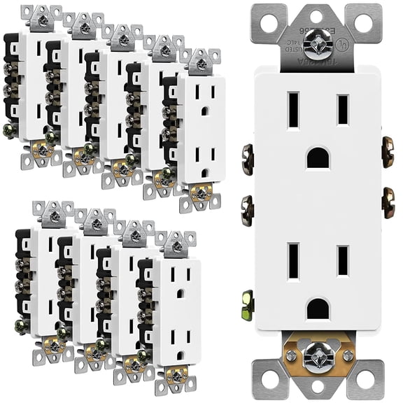 ENERLITES Decorator Receptacle Residential Grade Wall Outlet, 15A 125V, Self-Grounding, 2-Pole, 3-Wire, 5-15R, UL Listed, White, 10 Pack