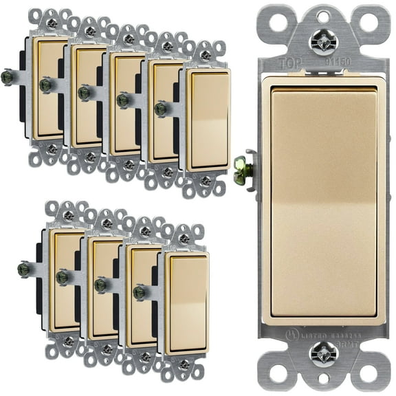 ENERLITES Decorator Rocker Light Switch, Elite Series, 15A 120V/277V, Matte Finish, Single Pole, 3 Wire, Grounding Screw, UL Listed, 91150-GD, Gold Color (10 Pack)
