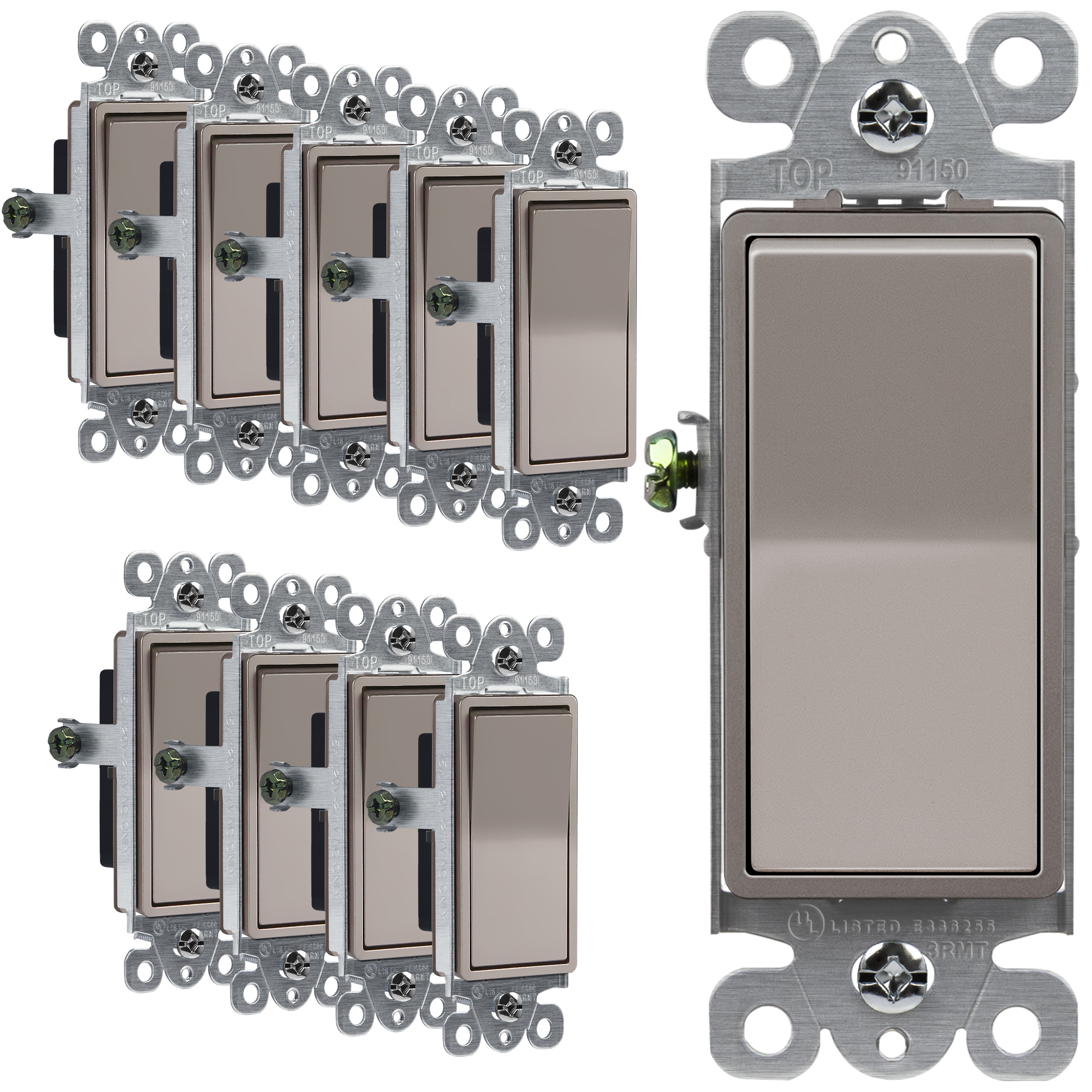 Nickel Decorator Rocker Light Switch, 15A, 10 Pack