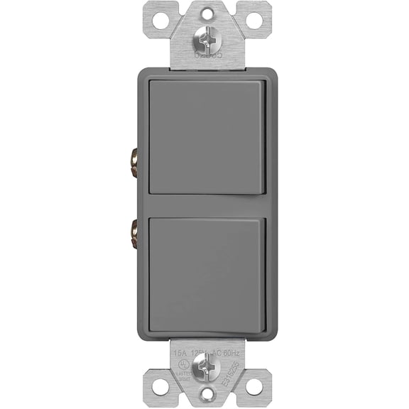 ENERLITES Double Paddle Rocker Combination Decorator Switch, Ground Terminal, Copper Wires Only, Single Pole or 3-Way, Residential/Commercial Grade, 15A 120-277VAC, 62835-GY, Gray