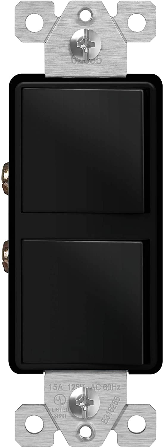 ENERLITES Double Paddle Rocker Combination Decorator Switch, Ground Terminal, Copper Wires Only, Single Pole or 3-Way, Residential/Commercial Grade, 15A 120-277VAC, 62835-BK, Black