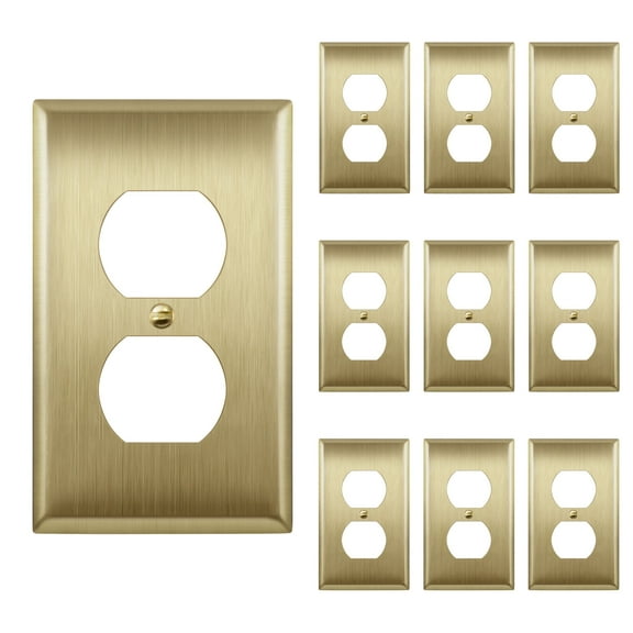 ENERLITES Duplex Outlet Metal Wall Plate, Stainless Steel, Corrosion Resistant, Size 1-Gang, 7721-BB-10PCS, 302 Brushed Brass, Gold (10 Pack)