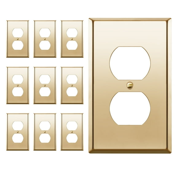 ENERLITES Duplex Receptacle Outlet Metal Wall Plate, Stainless Steel, Corrosion Resistant, Size 1-Gang, 7721-PB-10PCS, Polished Brass, Gold (10 Pack)