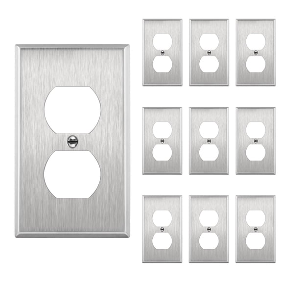 ENERLITES Duplex Receptacle Outlet Metal Wall Plate, Stainless Steel Outlet Cover, Standard Size 1-Gang, UL Listed, 7721-10PCS, Silver, 10 Pack