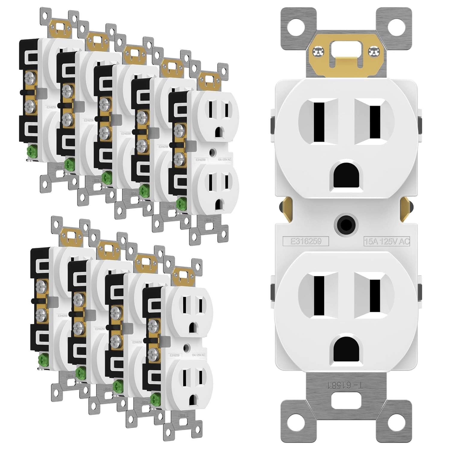 ENERLITES Duplex Receptacle Outlet, Residential Grade Electrical Wall Outlet, 15A 125V, Self-Grounding, 2-Pole, 3-Wire, UL Listed, 61581-W-10PCS, White