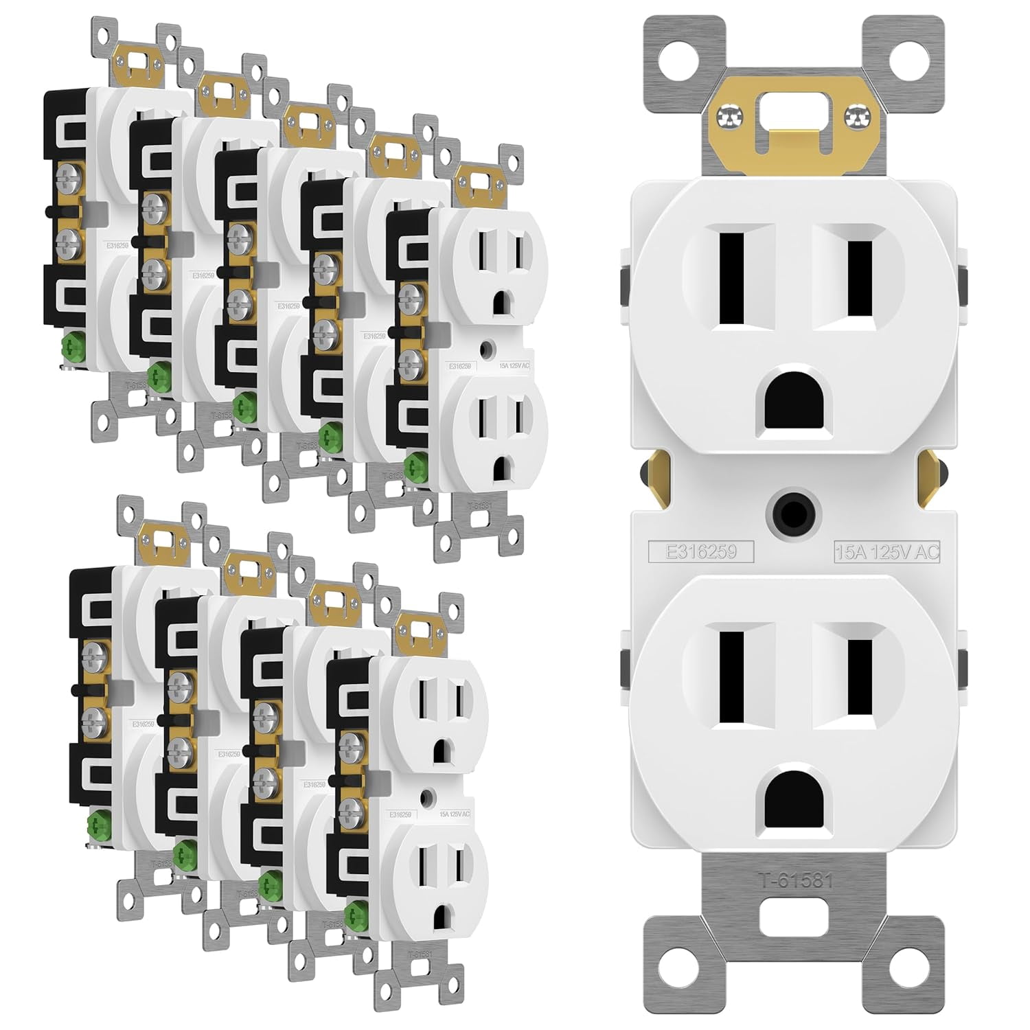 ENERLITES Duplex Receptacle Outlet, Residential Grade Electrical Wall Outlet, 15A 125V, Self-Grounding, 2-Pole, 3-Wire, UL Listed, 61581-W-10PCS, White (10 Pack)