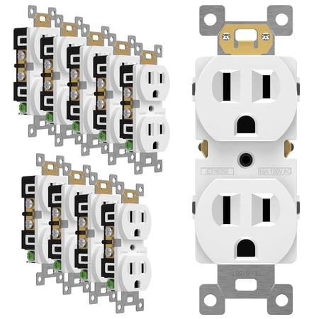ENERLITES Duplex Receptacle Outlet, Residential Grade Electrical Wall Outlet, 15A 125V, Self-Grounding, 2-Pole, 3-Wire, UL Listed, 61581-W-10PCS, White