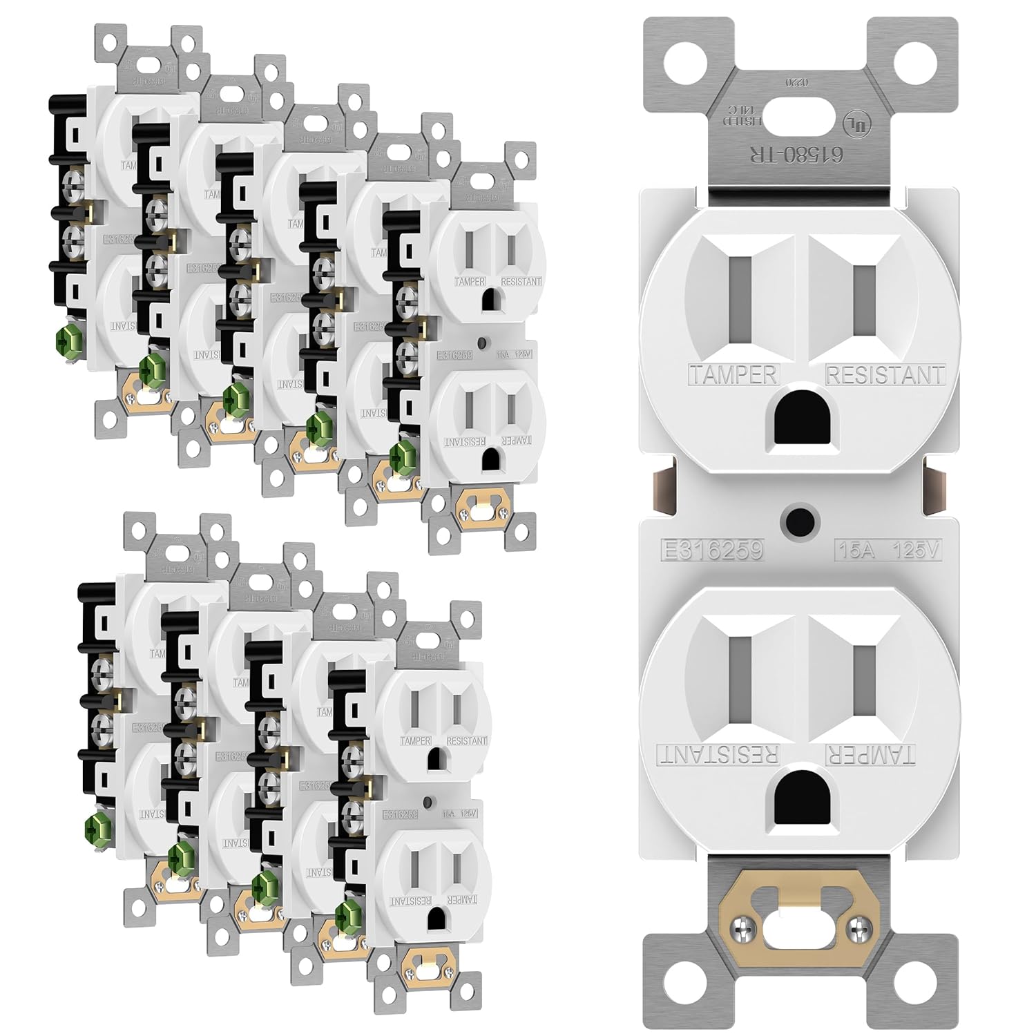 ENERLITES Duplex Receptacle Outlet, Tamper-Resistant Electrical Wall Outlets, Residential Grade, 3-Wire, Self-Grounding, 2-Pole,15A 125V, UL Listed, 61580-TR-W-10PCS, White (10 Pack)