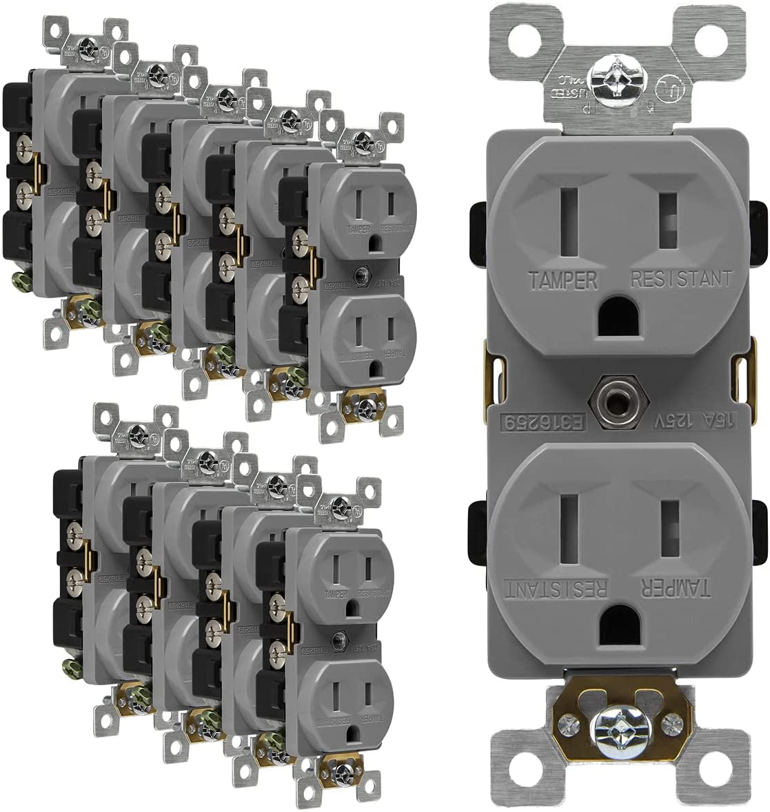 ENERLITES Duplex Receptacle Outlets, Tamper-Resistant, Industrial Grade, 20A 125V, 3-Wire Grounding, 2-Pole, 5-20R, UL Listed, 62080-TR-GY-10PCS, Gray (10 Pack)