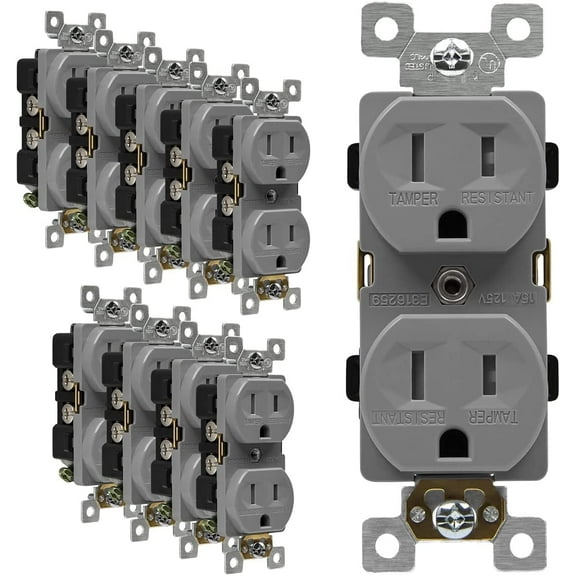 ENERLITES Duplex Receptacle Outlets, Tamper-Resistant, Industrial Grade, 20A 125V, 3-Wire Grounding, 2-Pole, 5-20R, UL Listed, 62080-TR-GY-10PCS, Gray (10 Pack)