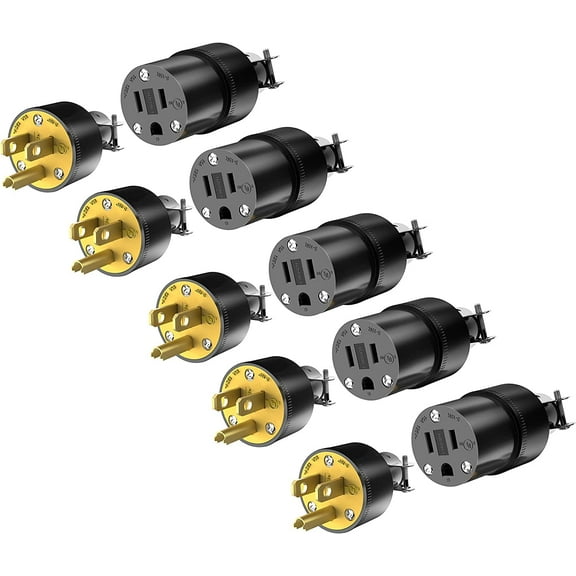 ENERLITES Electrical Replacement Plug & Connector Set, Extension Cord Ends Male and Female, 15 Amp 125 Volt, Straight Blade Plug Grounding Type, NEMA 5-15P & 5-15R, UL Listed, 66212-BK, Black, 5 Pack