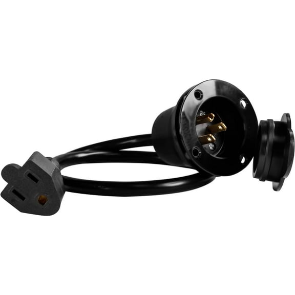 ENERLITES Flanged Inlet Power Plug with Integrated 18-in Extension Cord, Male Connector Plug, No Wiring, Nylon Facing, 15A (NEMA 5-15), Waterproof Cover, 66205-BK, Black