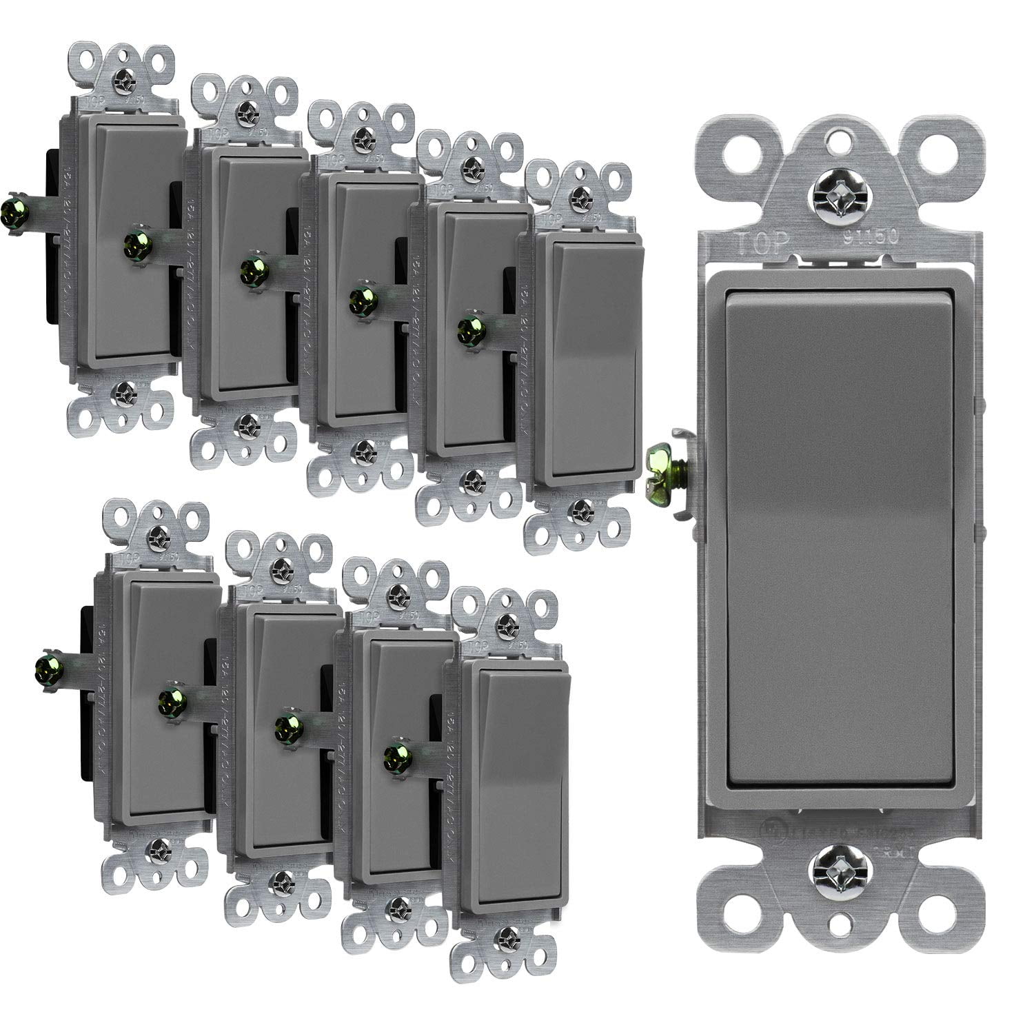 Gray Polycarbonate Decorator Paddle Rocker Light Switch, Single Pole, 10 Pack
