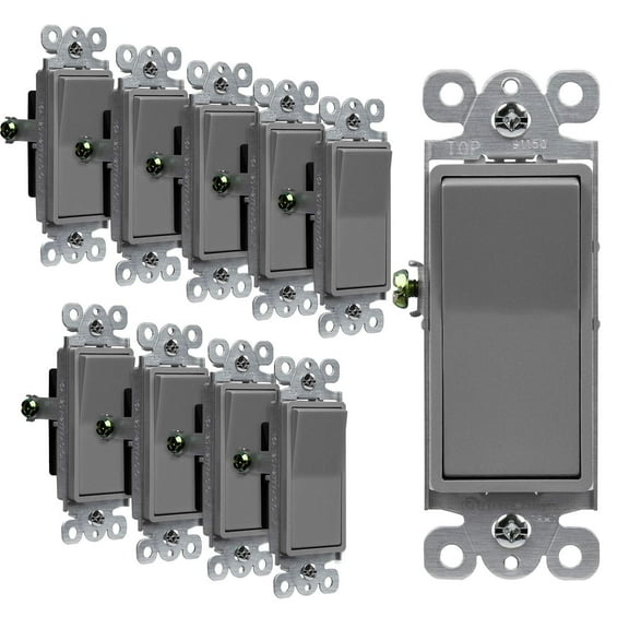 ENERLITES Gray Decorator Paddle Rocker Light Switch, Gloss Finish, Single Pole, 3 Wire, Grounding Screw, 15A 120V/277V, UL Listed, 91150-GY (10 Pack)