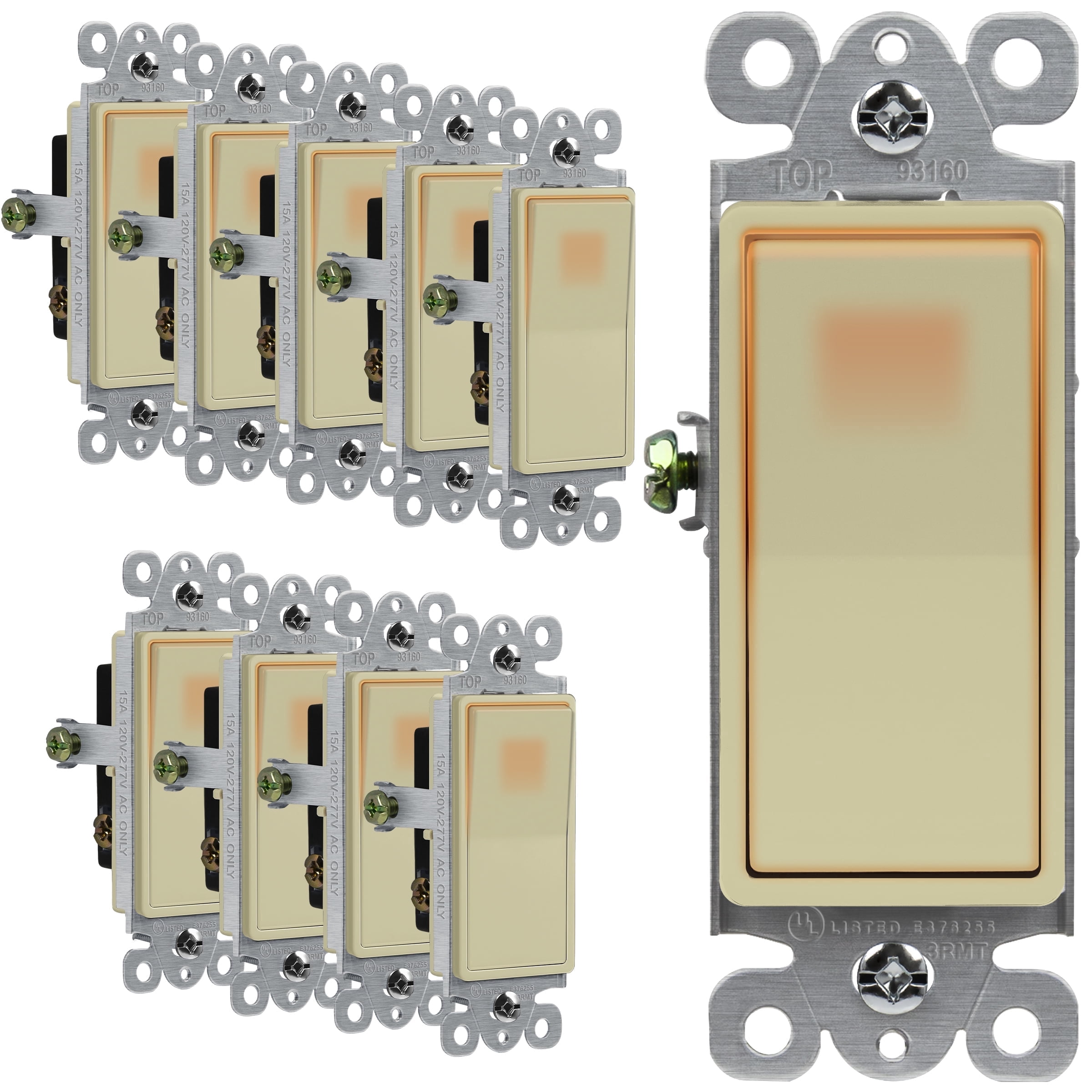 ENERLITES Illuminated 3-Way Decorator Paddle Light Switch, Three Way, Push-in Side Wiring, Copper Wire Only, Grounding Screw, Residential Grade, 15A 120-277V, UL-Listed, 93160-I-10PCS, Ivory 10 Pack