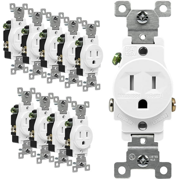 ENERLITES Single Receptacle Outlet, Tamper-Resistant, Commercial Grade, Grounding Screw, 5-15R, 15A 125V, UL Listed, 61150-TR-W, White, 10 Pack