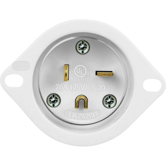 ENERLITES Straight Blade Flanged Inlet, NEMA 5-20, 20A 125VAC, Commercial & Industrial Grade, 2 Pole, 3 Wire, UL Listed, 66213-W, White