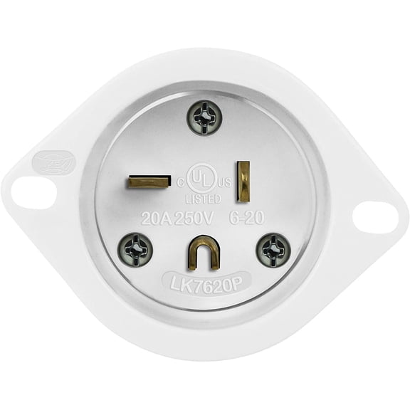 ENERLITES Straight Blade Flanged Inlet, NEMA 6-20, 20A 250VAC, Commercial & Industrial Grade, 2 Pole, 3 Wire, UL Listed, 66233-W, White